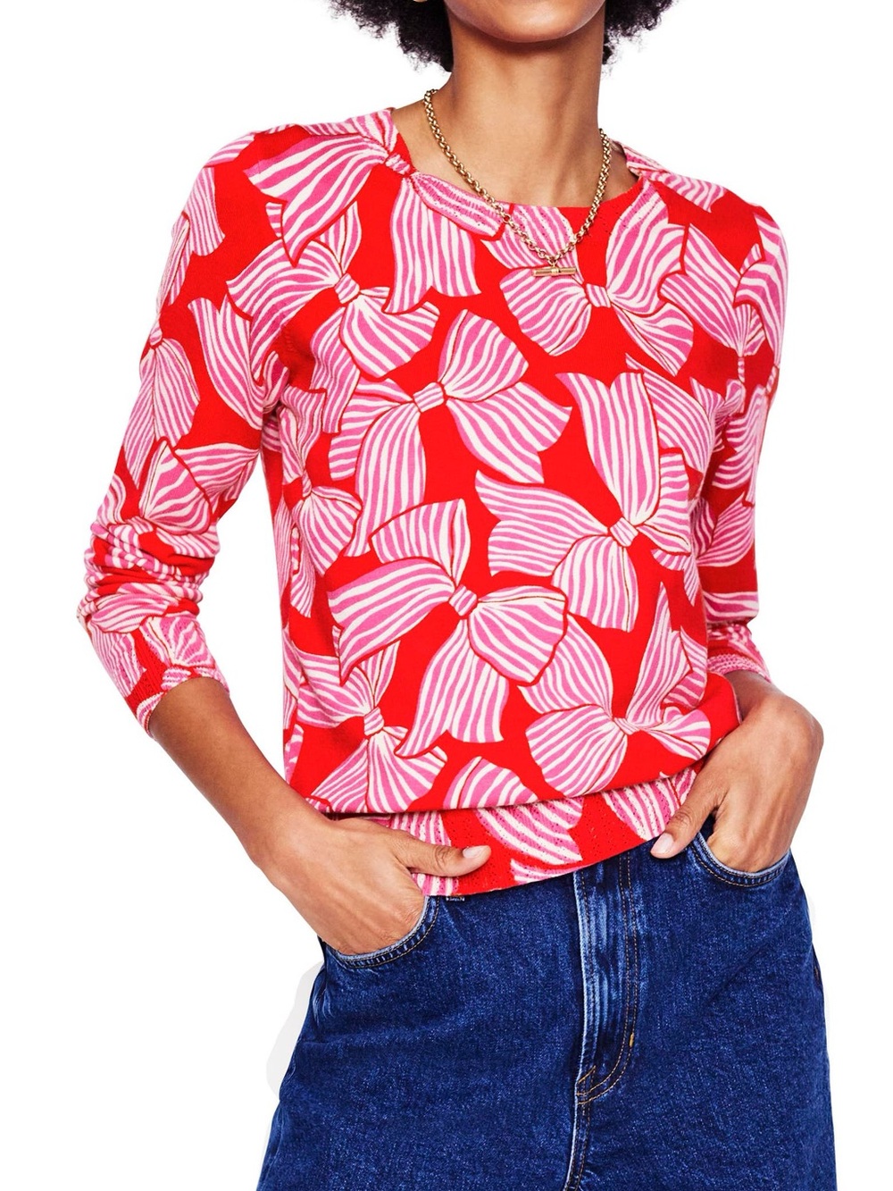 Boden Emilia Bow Print Crewneck Sweater Bright Red Bow-Print  *see note*